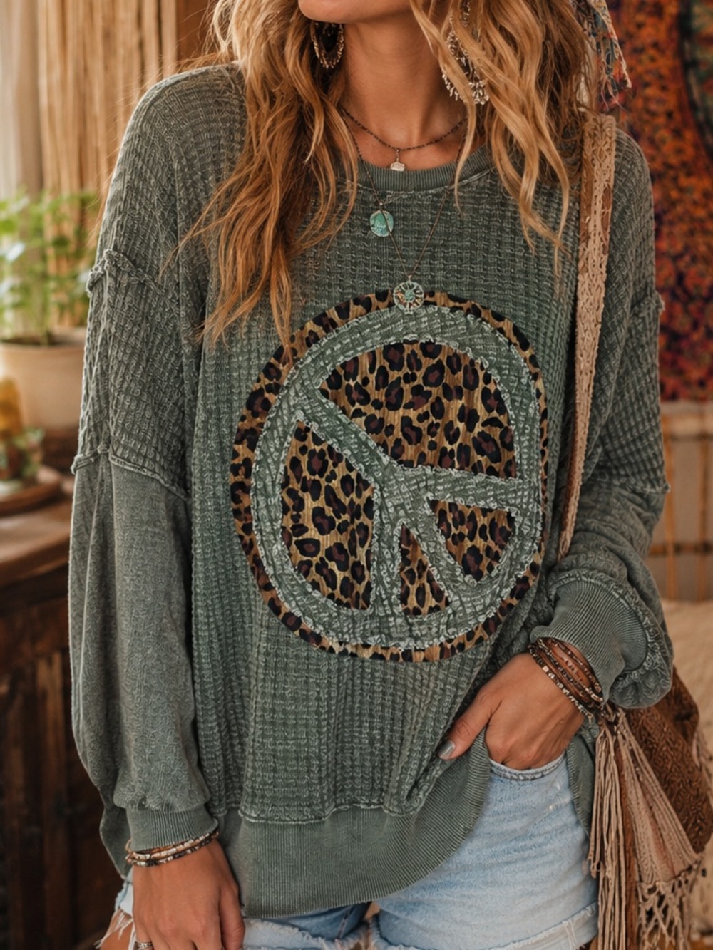 Easel Sz M Easel Sz M Green Leopard Peace Sign Oversized Waffle Knit Sweater